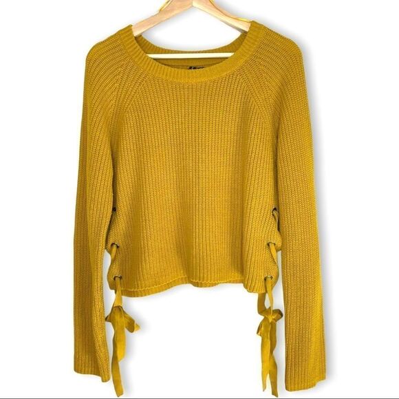 Moon & Madison Ribbed Side Tie Round Neck Mustard Sweater - Picture 1 of 8